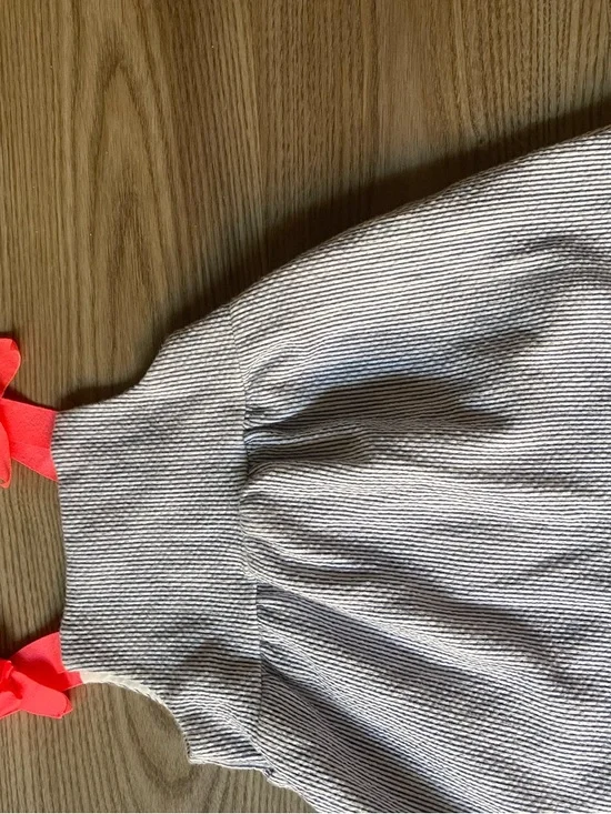 Girls Seersucker Stripe Dress with Coral Bow Straps - Picture 10 of 13